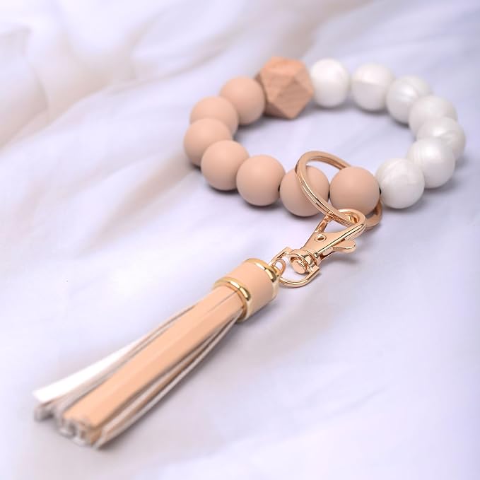 BAOSIWA Silicone Beaded Bracelet Keychain Wristlet Key Ring Bangle Chains for Women with Leather Tassel