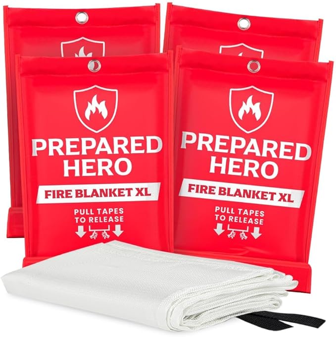 Prepared Hero Emergency Fire Blanket XL - 4 Pack - Fire Suppression for Kitchen, 47" x 71" Fiberglass Fire Blanket for Home
