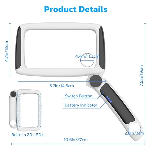 MoKo Magnifying Glass with Light, 5X/20X/45X Full-Page Magnifier | Rechargeable magnifying glass for reading has 20 LEDs, 3 light levels and a foldable handle; black finish.