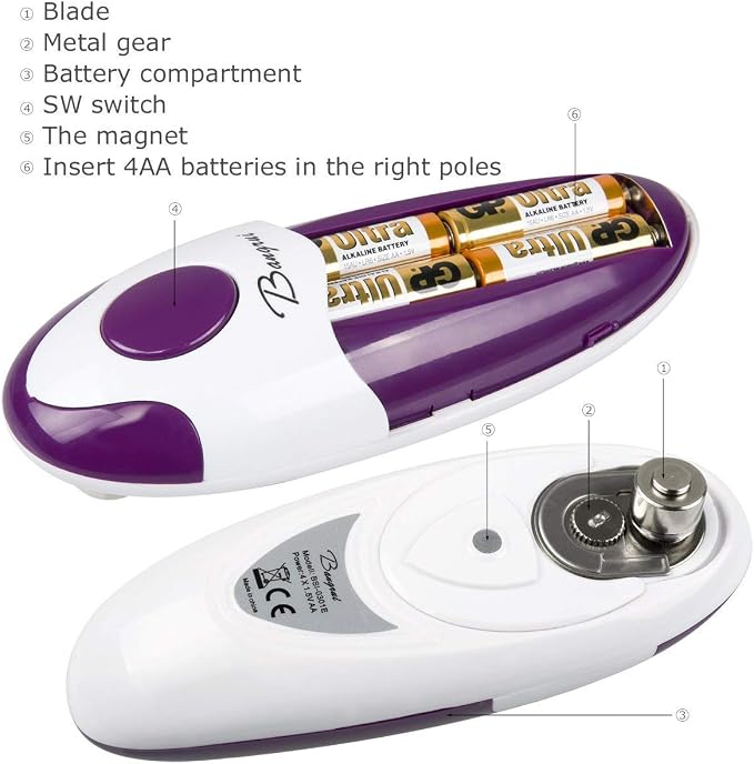 Kitchen Automatic Safety Cordless One Tin Opener&Bangrui Professional Electric Opener.One-touch switch .Smooth can edge.Being friendly to left-hander and arthritics!(Purple)