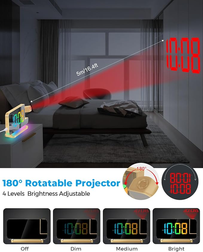 SZELAM Projection Alarm Clock,7.4" LED Mirror Digital Clocks Large Display,with 180° Rotatable Projector,RGB Night Light,USB C Port,Auto Dimmer, Loud Desk Clock for Heavy Sleeper Bedroom - Gold