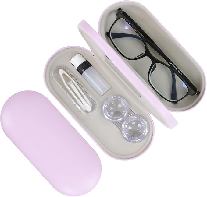 2 in 1 Contact Lens Case and Eyeglasses Case for Women Men Kids, Double Sided Hard Shell Portable Glasses Travel Holder with Built-in Mirror, Contact Lens Box (Purple)