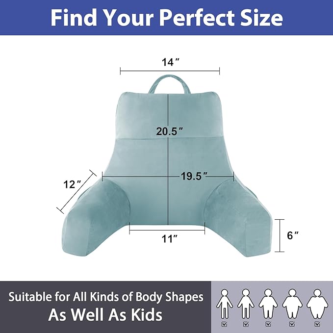 Reading Pillow with Arms For Adult, Back Pillow for Bed Sitting Up, Shredded Memory Foam Backrest Pillow with Pockets & Removable Washable Cover, Lounging, Watching TV, Reading(20in Lake Blue)