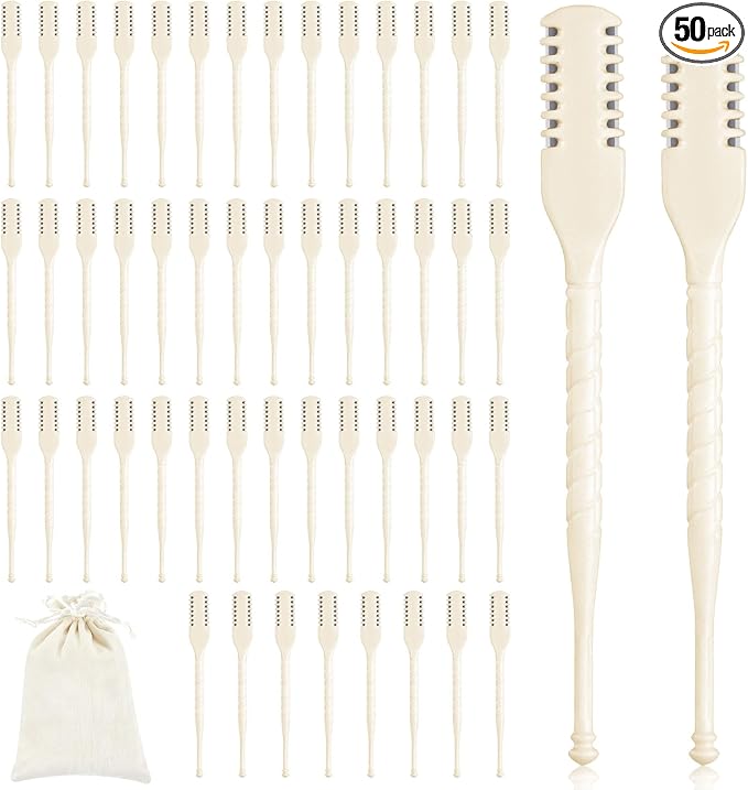 Lothee 50 Pcs Manual Nose Hair Trimmer, Nasal Hair Cutter Bulk for Women, Portable 360 Rotating Nose Hairs Remover Tools for Home, Travel and Beauty Salon, Velvet Storage Bag (White)