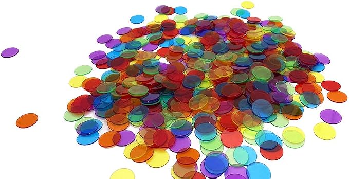 JUNWRROW 500 Pieces 3/4 inch Transparent 6 Color Bingo Counting Chips with Bag