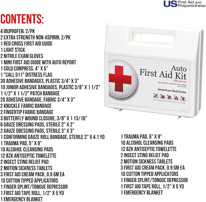 American Red Cross Officially Licensed Product, Deluxe Auto First Aid Kit, 138 Piece Emergency Medical Supplies to Treat Minor Injuries, Keep Warm, and Signal for Help