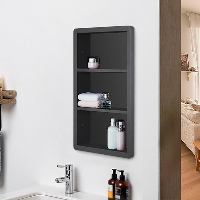 Recessed Medicine Cabinet No Mirror - 14x24 Bathroom Storage Wall Cabinet with 2 Shelves, 304 Stainless Steel Shower Niche, Matte Black Waterproof for Bathroom, Toilet, Vanity