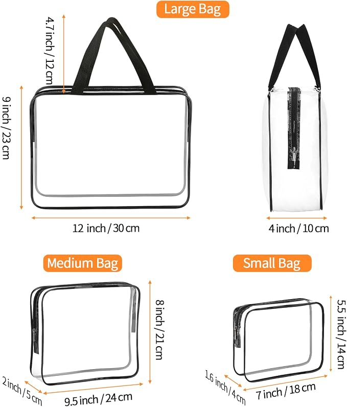 HAOGUAGUA 3 Pieces Large Clear Travel Bags for Toiletries, Waterproof Clear Plastic Cosmetic Makeup Bags, Transparent Packing Organizer Storage Bags (Black)