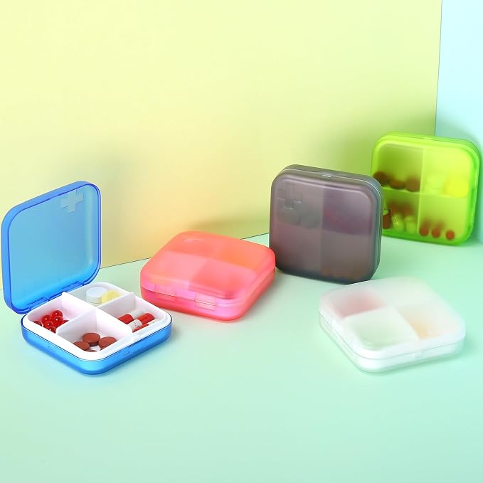 Portable Pill Organizer - Slim Pill Box for Purse or Travel, Compact Pill Case (4 Compartment, Pink)