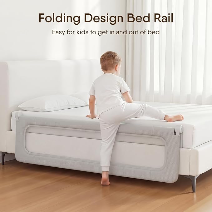 Bed Rail for Toddlers,71 Inch Foldable Baby Guard | 71 in foldable toddler rail with reinforced anchors, no-gap mattress fit, double lock, washable fabric for King|Queen