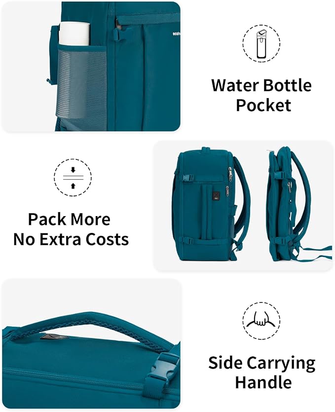 ECOHUB Travel Backpack for Men Women, Carry on Backpack with USB Charging Hole, Spirit Airlines Personal Item Bag Flight Approved, 15.6 Inch Laptop Backpack with Anti Theft Pockets, 30L, Blue Green