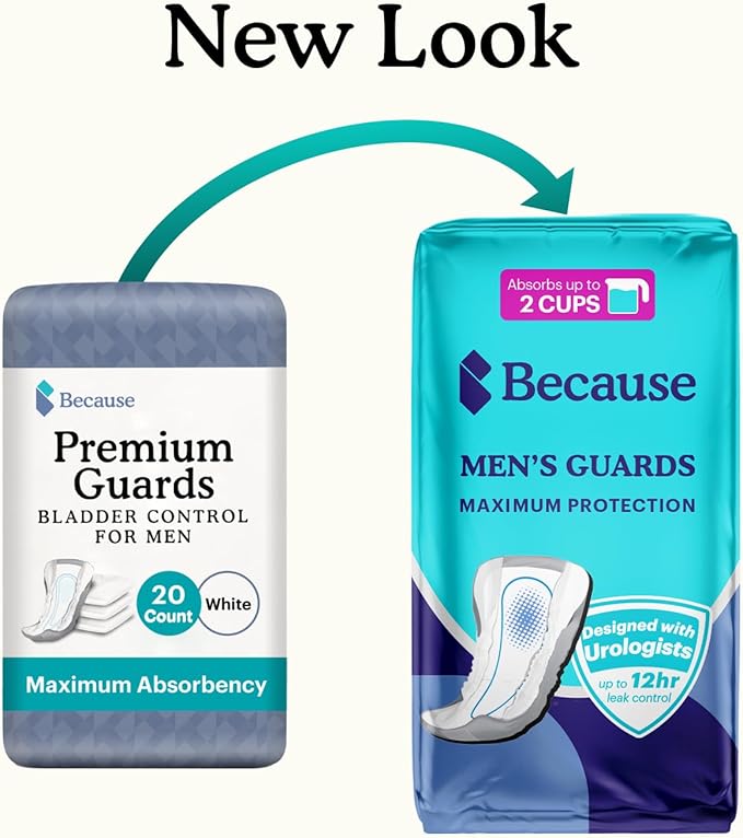 Because Premium Guards for Men - 20 Count Pack of Discreet, Individually Wrapped Bladder Protectors - Complete Absorbency, Fast-Locking, Odor Control - Comfort Fit, 2 Cups of Absorbency