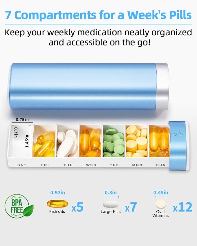 Betife Travel Pill Organizer Weekly 7 Day, Compact Daily Pill Box, Portable Medicine Case for Vitamins Supplements, Drawer-Shaped (Blue)