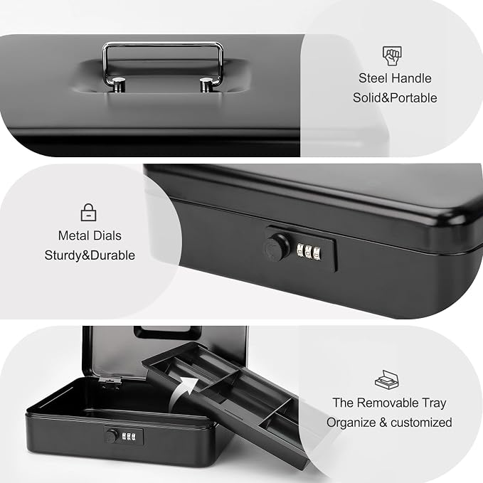 Jssmst X- Large Cash Box with Combination Lock - Durable Metal Cash Box with Money Tray, Black, 11.81 x 9.84 x 3.46 inches, CB0701XLN