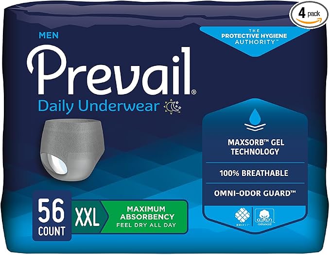Prevail - Men's Protective Underwear - Pull-up Incontinence Underwear - Disposable Adult Diaper - Maximum Absorbency - 2X Large - 56 Count (4 packs of 14)