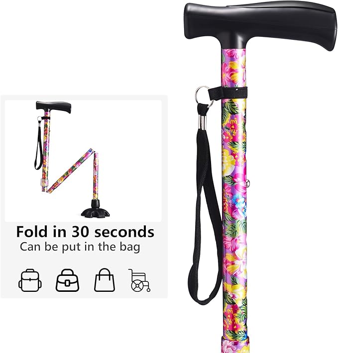 Floral Canes for Women Folding Cane for Stability with Non-Slip Base, Adjustable Walking Cane for Seniors - Lightweight Collapsible Walking Sticks with T & Offset Handle