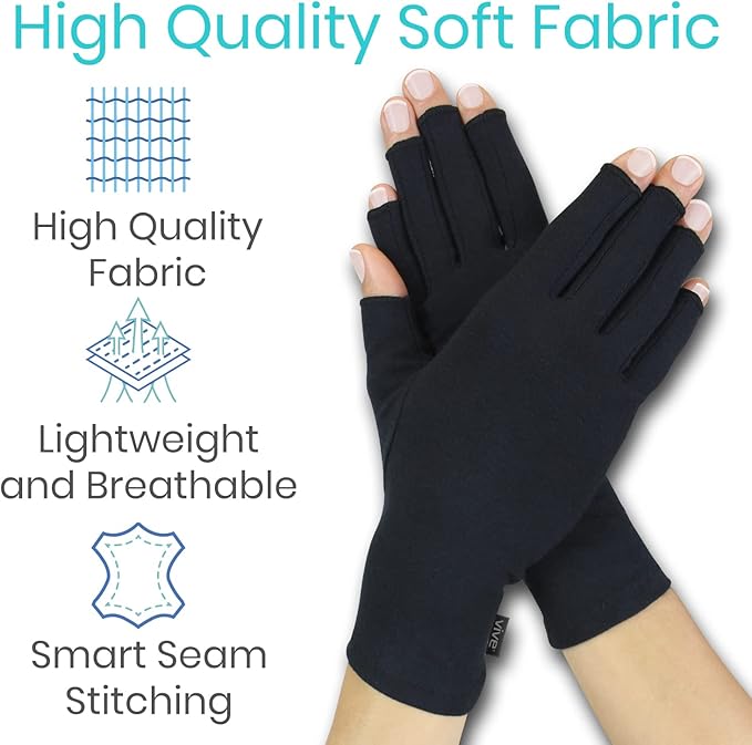 Vive Rheumatoid Arthritis Gloves - Men and Women Fingerless Compression Wrap for Hand Pain and Osteoarthritis - Black Hand Wrap for Arthritic Joint Symptom Relief - Open Finger Fit (X-Small)
