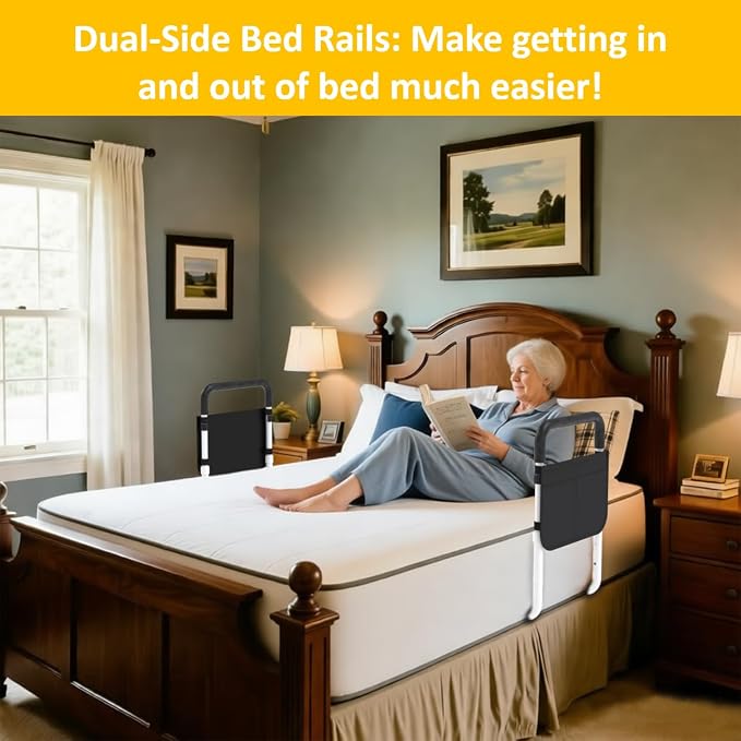 Double Bed Rails for Elderly Adults Safety, Bed Rails for Seniors, Dual Bed Handle Bedside Assist, Adjustable Bed Bar for Fall Prevention, Medical Bed Cane Fits Twin, Queen, Full, King Bed (2 Pack)