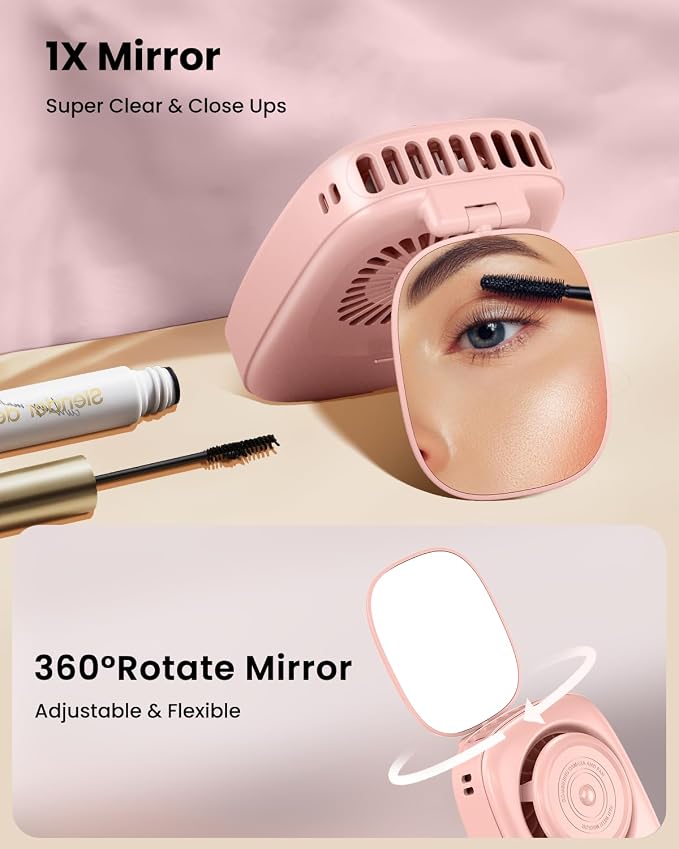 Gaiatop Mini Neck Fan, LED Makeup Mirror, Power Display Portable Fan Pink | 3 Speeds, 360° Rotate Mirror for Handheld Desk Use, Rechargeable Small USB Fan, Personal Cooling Travel Essentials Women Gift