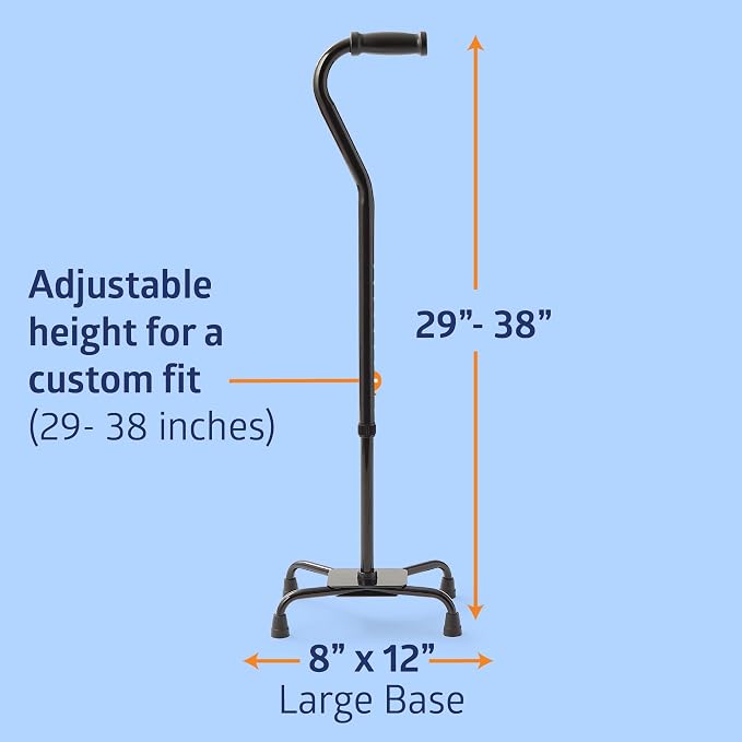 Medline Aluminum Quad Cane with Large Base for Balance, Knee Injuries, Leg Surgery Recovery & Mobility, Portable, Lightweight Walking Aid for Seniors & Adults
