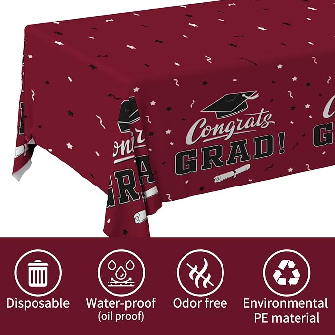 Gatherfun Graduation Tablecloths Graduation Party Table Decorations Waterproof Plastic Rectangular Disposable Table Cover for Congrats Grad Party Supplies 3PCS 54x108 Inch, Maroon