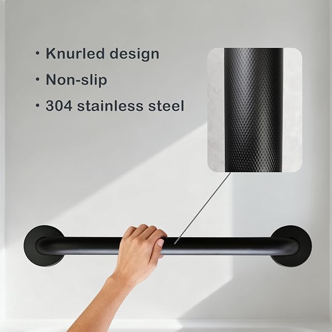 18 Inch Handicap Grab Bars, 2 Pack Stainless Steel Grab Bar for Bathtubs and Showers, Wall Mount Safety Shower Grab Bars for Seniors Injury Elderly, Matte Black Knurled