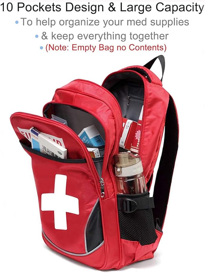 First Aid Bag Empty Red Emergency First Responder Trauma Multi-Pocket Traveling Field Trips Camping Essentials (Red, 1 Piece)