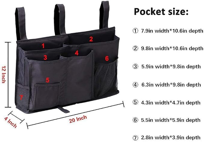 Sugaroom Organizer Caddy - Bedside, Bunk Bed, Hanging & Pocket Storage - Baby, Dorm, Hospital - Black