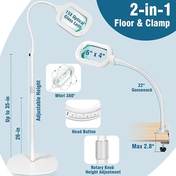 Large Magnifying Glass with Light and Stand, 15X Rectangle Optical Real Glass Lens, Height Adjustable Gooseneck Magnifier Floor Lamp, 5 Color Modes LED Dimmable Lighted Hands Free for Crafts - White