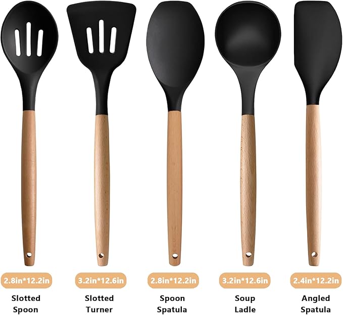Silicone Cooking Utensils Set of 5, Heat Resistant Silicone Kitchen Utensils Set with Wooden Handle, BPA Free Spatula Spoon Turner Ladle Cooking Kitchen Gadgets for Nonstick Cookware & Baking