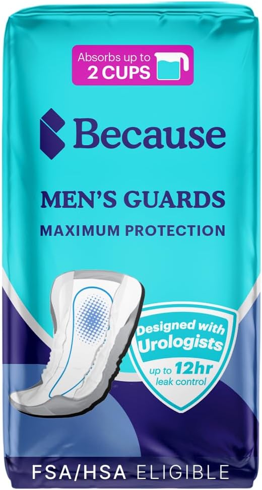 Because Premium Guards for Men - 20 Count Pack of Discreet, Individually Wrapped Bladder Protectors - Complete Absorbency, Fast-Locking, Odor Control - Comfort Fit, 2 Cups of Absorbency