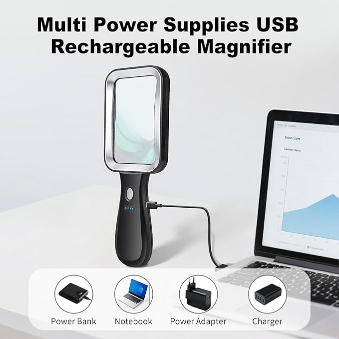 10X Magnifying Glass with Light and Case, Rechargeable Magnifier with 3 Color Modes, Lighted Magnifying Glass Handheld for Seniors Reading Low Vision, Inspection, Close Work