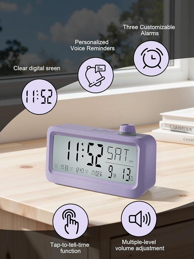 Medication Pill Reminder, Rechargeable Talking Alarm Clock with 3 Custom Voice Recording Alarms, Touch-to-Talk, a Digital Alarm Clocks Gift for Mom/Dad/Seniors/Elderly(Pruple)