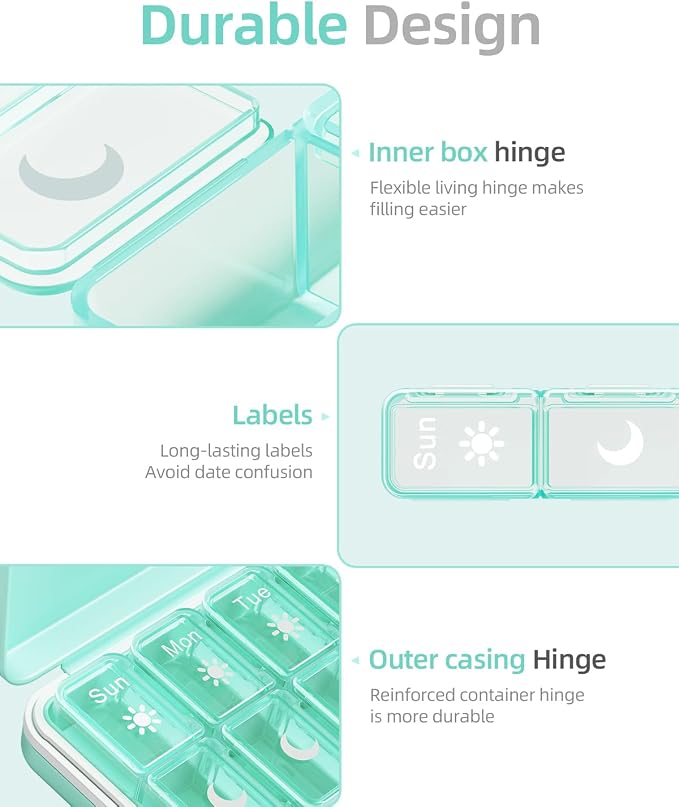 Betife AM PM Pill Organizer 7 Day, Weekly Pill Organizer 2 Times a Day, Daily Pill Box AM PM, Portable Travel Medicine Case, Day and Night Pill Container for Medication, Vitamin or Supplement（GN）