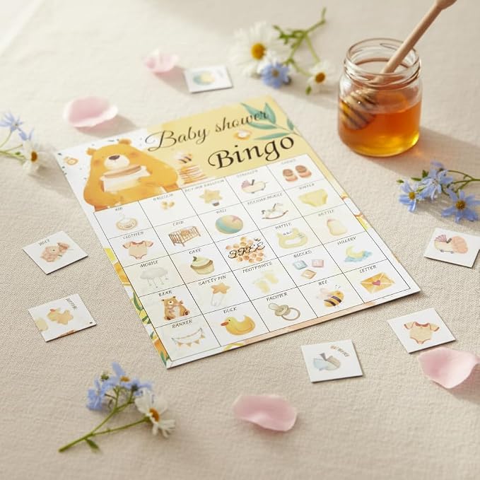 Baby Shower Bingo Game Cards Set for Guests Adults, Honey Bear Baby Shower Party Bingo Game Gender Reveal Bingo Game for Family Friends Large Group Activity, Favors Supplies Decorations