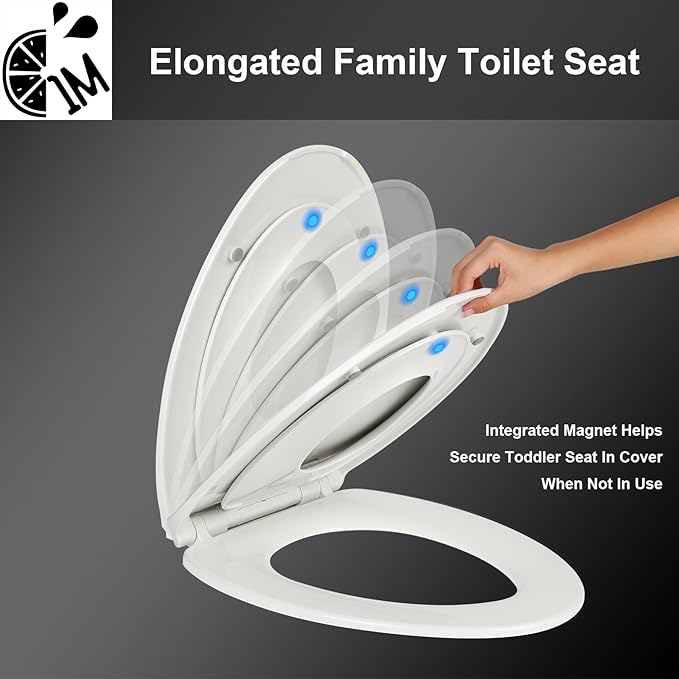 1M Family Toilet Seat, Patented Slow Close & Quick Releasing Technology, Anti-Wiggling, Easy to Install and Clean, Standard Round with Toddler Seat Built In (2 Pieces)