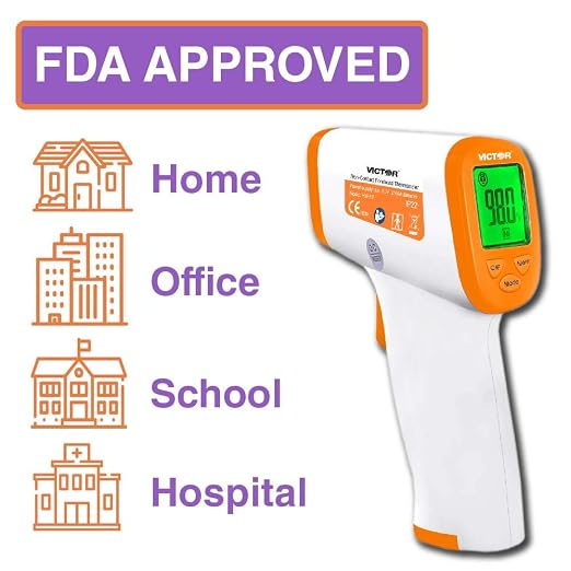 Victor T9000 Non-Contact Digital Infrared Forehead and Wrist Thermometer, for Adults and Kids, Quick 1 Second Readings, 3-Color Temperature Warning Display, White/Orange