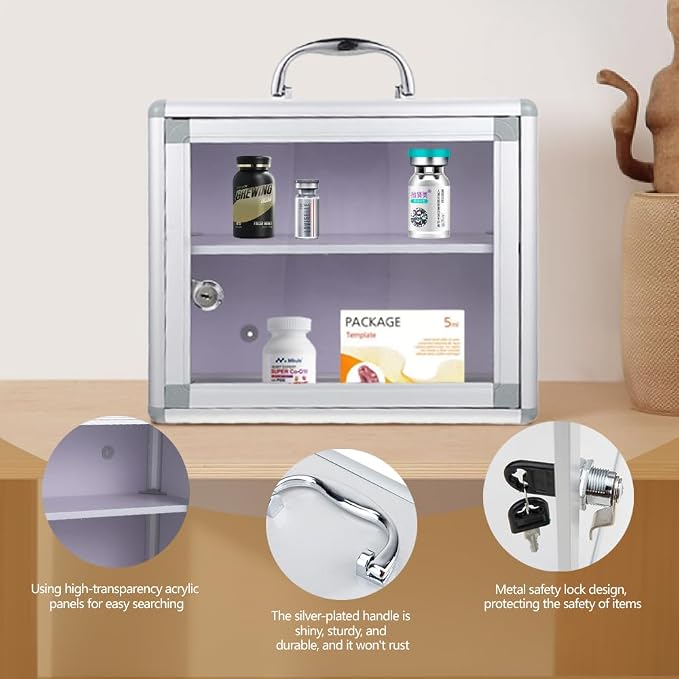 Metal Medicine Storage,Wall mounted Medicine Lock Box, First Aid Safe Medication Storage Box, Layered Aluminum Daily Medicine Lockable Box with Key 11.8x 4.4 x 10.3 Inch