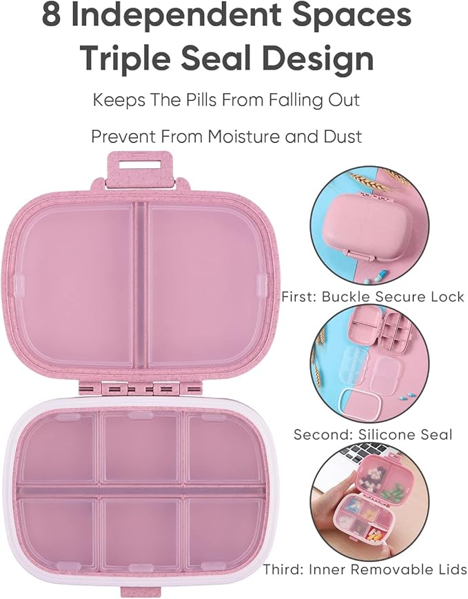 Holii Travel Pill Organizer, 8 Compartments Portable Pill Case, Daily Pill Box to Hold Vitamins, Small Pill Container for Pocket Purse Medicine Organizer（Pink）