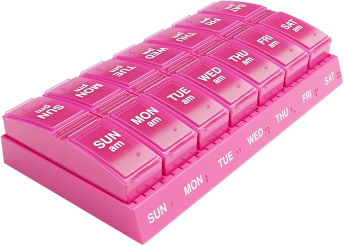 EZY DOSE Weekly, AM/PM Daily Pill Organizer, 7-Day Medicine Planner, Vitamin Container, Small Pop-Out Compartments, 2 Times a Day Pill Holder, Pink, Travel-Friendly, BPA Free