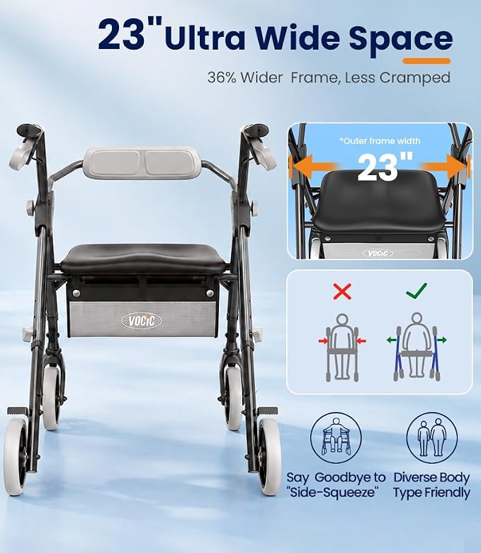 VOCIC Z11 Rollator Walkers for Seniors with Seat, 500 LBS Load, Ultra Wide | High-capacity support, 23" wide frame, ergonomic seat, dual brakes, and slim fold for home, shopping & daily walks, Black