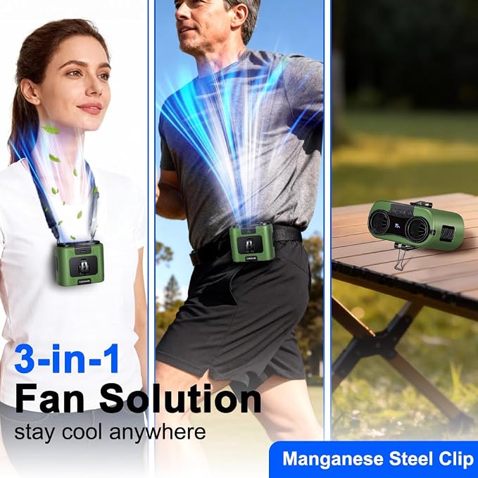 CAZOKASI 2026 Upgrade 20000mAh Waist Clip Fan Wearable Fan Portable Personal Body Fan Powerful Upto 36H Cooling and Heatstroke Prevention Fan (20000mAh/Green)