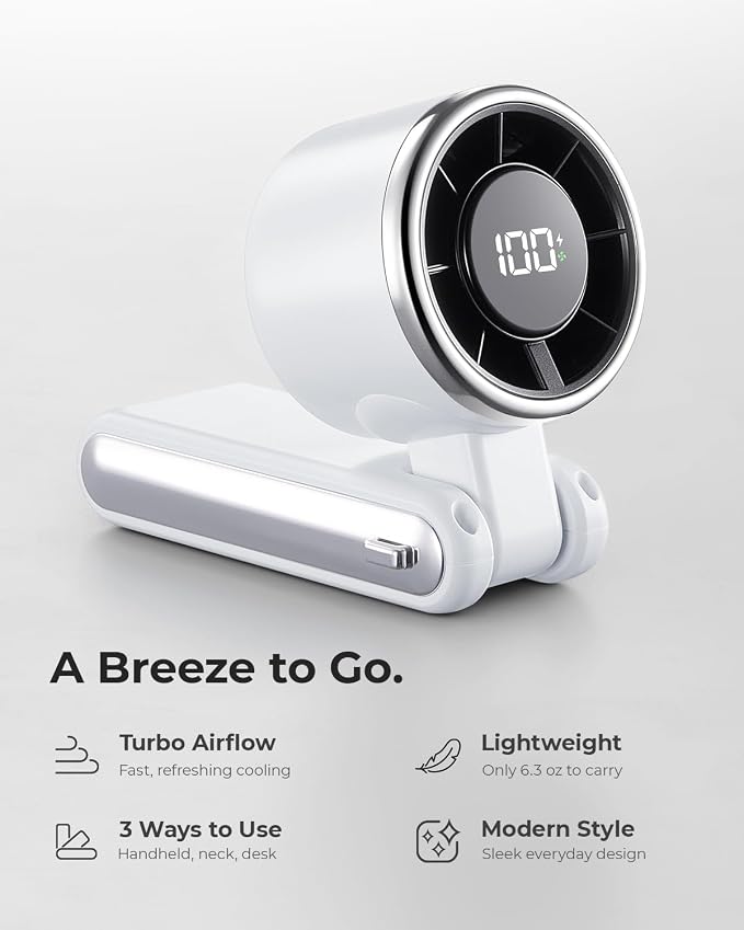 Portable Handheld Turbo Fan - 5 Gear High Speed 4000mAh Rechargeable Mini Personal Hand Fan Blow Cold Air, Battery Operated Travel Essentials, Beach Vacation, Gifts for Women, Men (White)