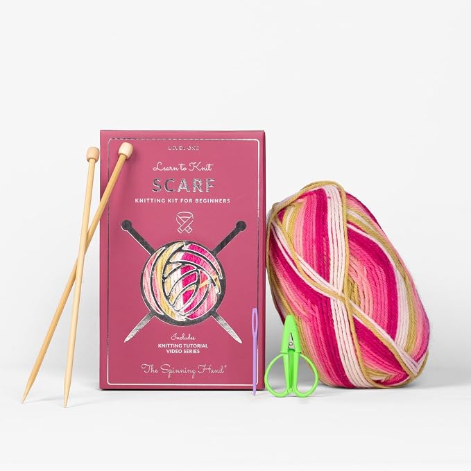 The Spinning Hand Knitting Kit for Beginners Adults – Educator-Designed, Self-Striping Wool Yarn, Bamboo Needles & Video Tutorials (Dragonfruit)