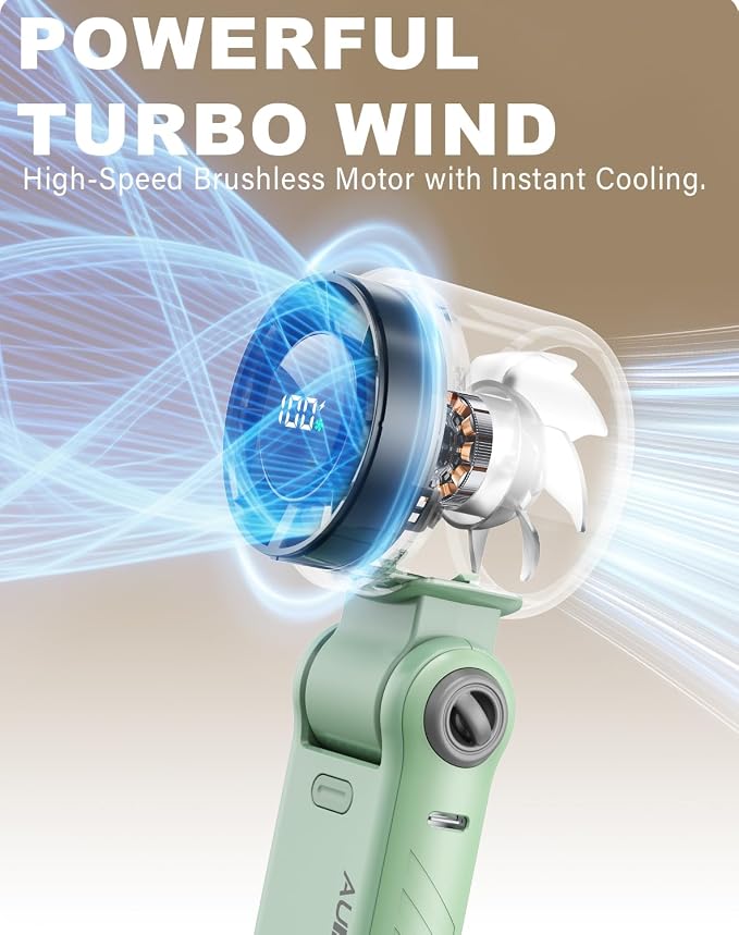 Portable Handheld Turbo Fan - 5 Speed Mini Personal Fan with Strong Airflow, Foldable 3 in 1 Rechargeable Battery Operated Trave Essentials Hand Fans for Indoor/Outdoor Use, Green