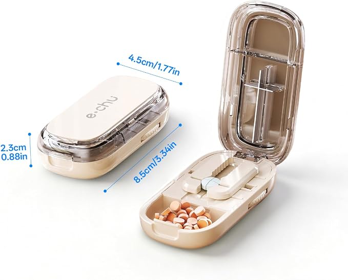 Pill Cutter Splitter for Small and Tiny Large Pills,Adjustable Pill Splitter Push-Button Cuts into 1/2, 1/3, 1/4，Comes with a Small Brush and a Medicine Storage Box (Cream, 1/4 Tablet)