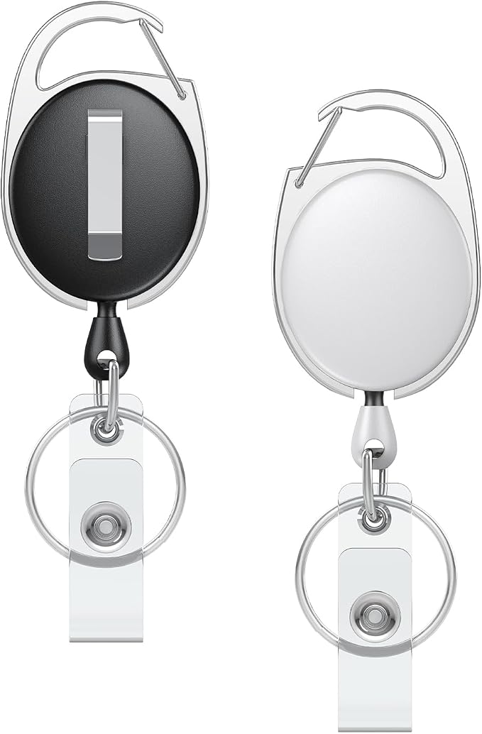 Uniclife 2 Pack Retractable Badge Reel for Badge Holder Black White Heavy Duty Retractable Keychain Strong ABS Casing with Stainless Steel Spring Coil 24 Inch Nylon Rope Carabiner Clip and Key Ring