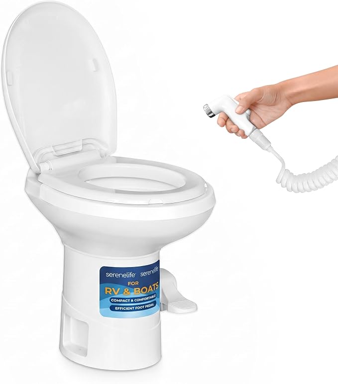 SereneLife RV Gravity Flush Toilet with Foot Pedal and Hand Sprayer | T-Type Full-Bowl Flush Coverage With Odor-Resistant Sealing For RVs, Boats, Campers, Trailers And Marine Bathrooms