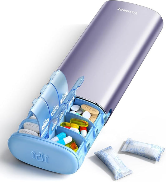 Vaydeer 7 Day Weekly Pill Organizer 2 Times a Day, Metal Am Pm Travel Pill Case, Large Capacity Twice Daily Cute Pill Box for Supplements, Pills, Vitamins and Medication (Purple)