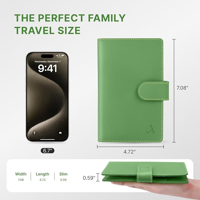 ALLIVE Genuine Leather Family Passport Wallet, Rfid Blocking Passport Holder for Travel, passport cover with AirTag Slot for Women & Men, Airport Essentials, Family Travel Gift (Avocado Green)